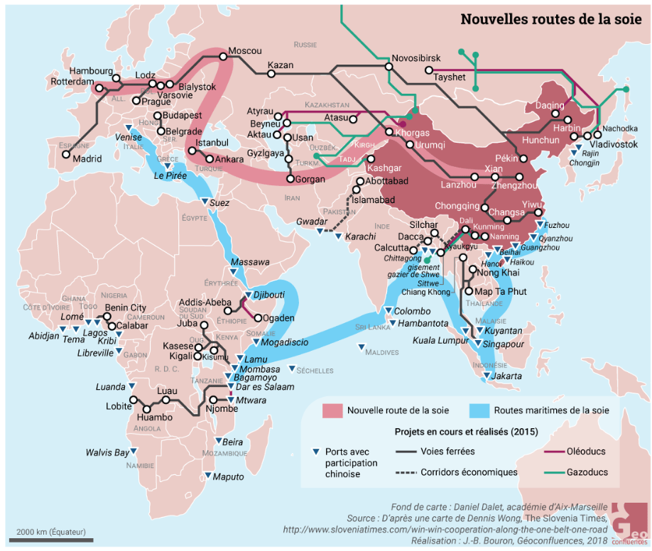 Carte illustrant la stratégie des routes de la soie (mise en place par Xi Jinping)