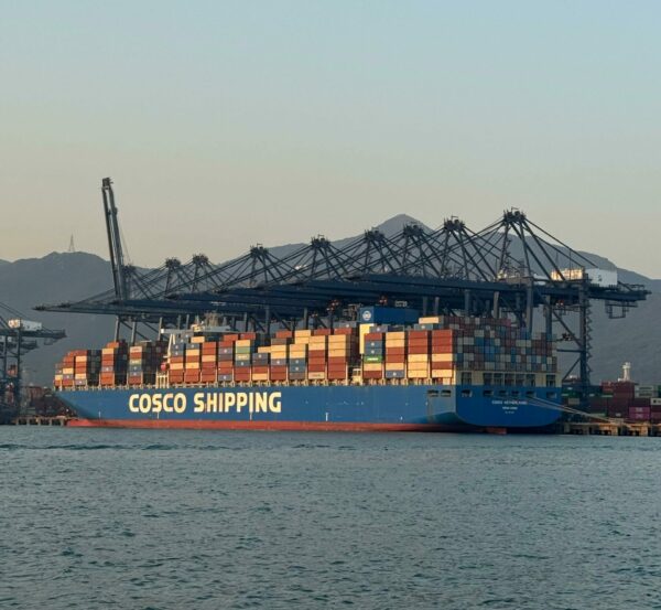 L'image illustre la compagnie maritime COSCO Shipping, au coeur de la puissance maritime chinoise et de sa place dans le commerce mondial.